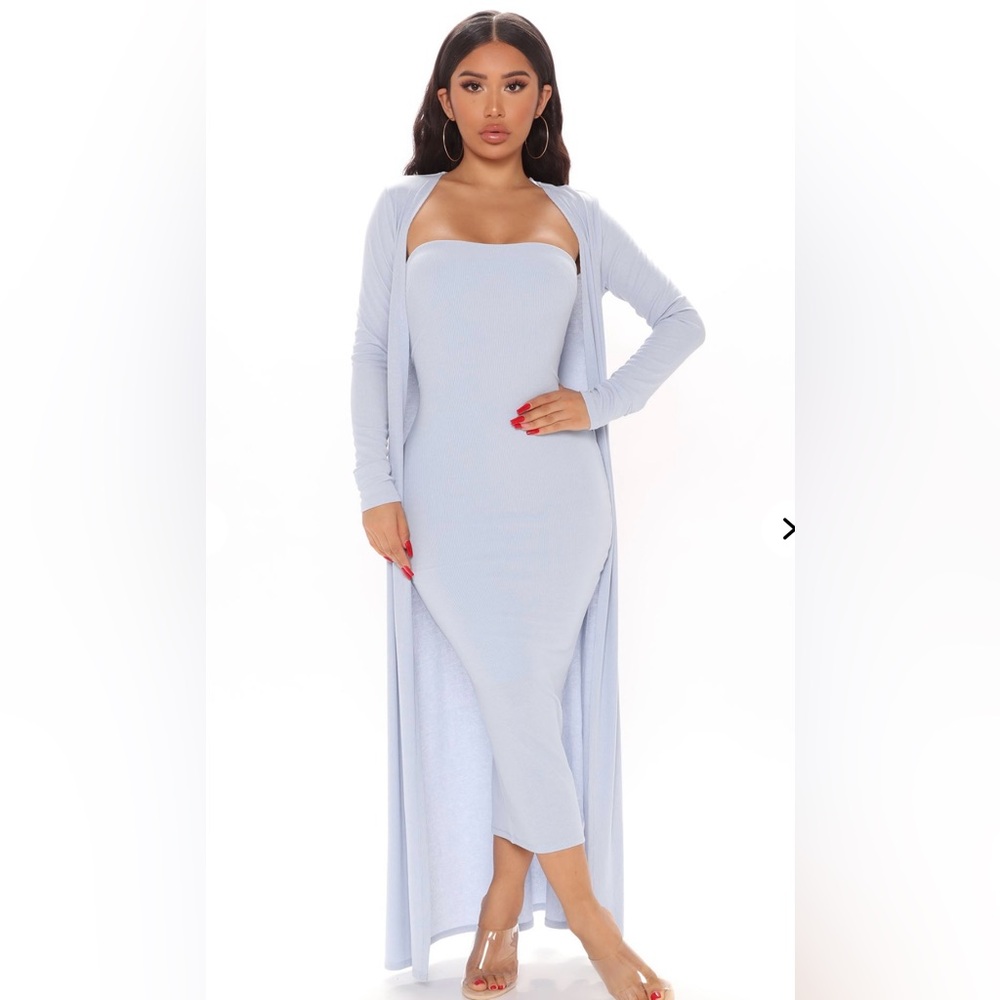 Light Blue Strapless Ribbed Maxi Dress with Cardigan